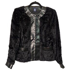 Boston Proper 4 Leather Trim Faux Fur Jacket Black Quiet Luxury‎ Chic Edgy